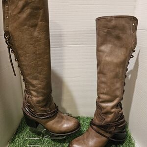 Freebird by Steven Coal Lace up Leather Boots, Brown, Size 7, Zipper Side